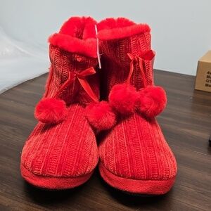 La Vie En Rose Red Faux Fur Lined Ankle Bootie Slippers
